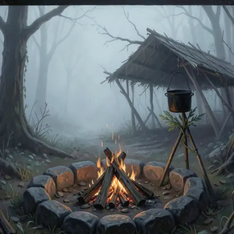 A campfire in a ring of stones under a lean-to