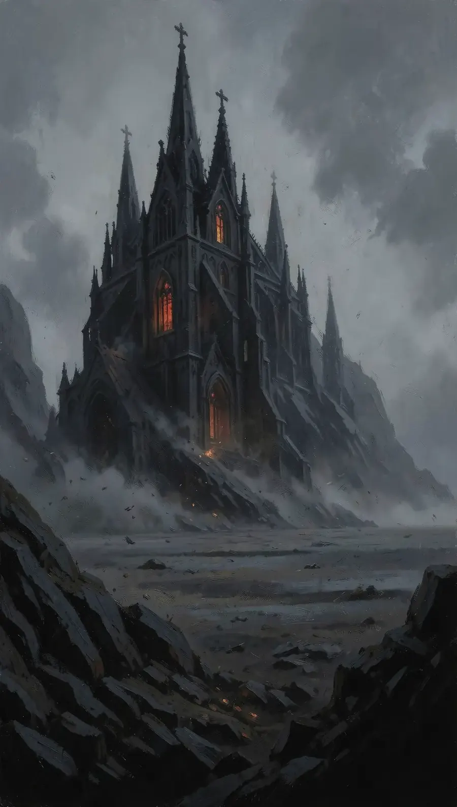 The Black Cathedral on a crag above a grey sea
