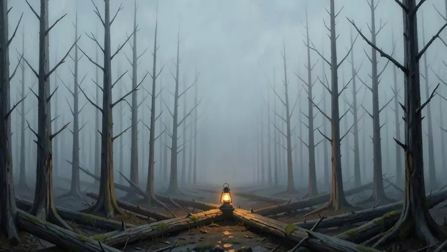 A dead forest in fog, one lantern on the fallen trunks