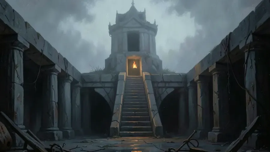 A stone stair rising to a lit doorway between dark pillars