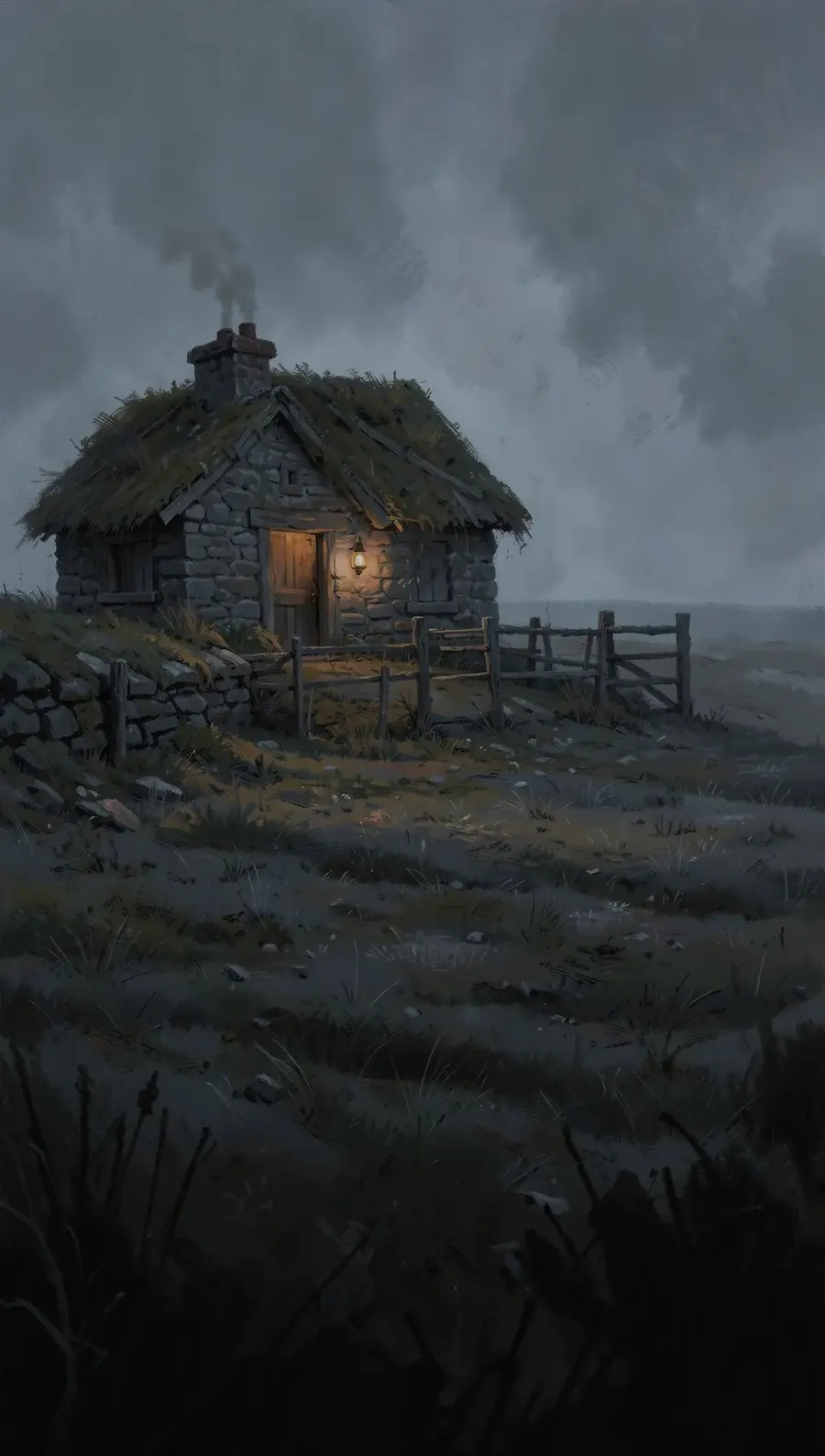 A lone stone bothy on a dark moor, one window lit by firelight