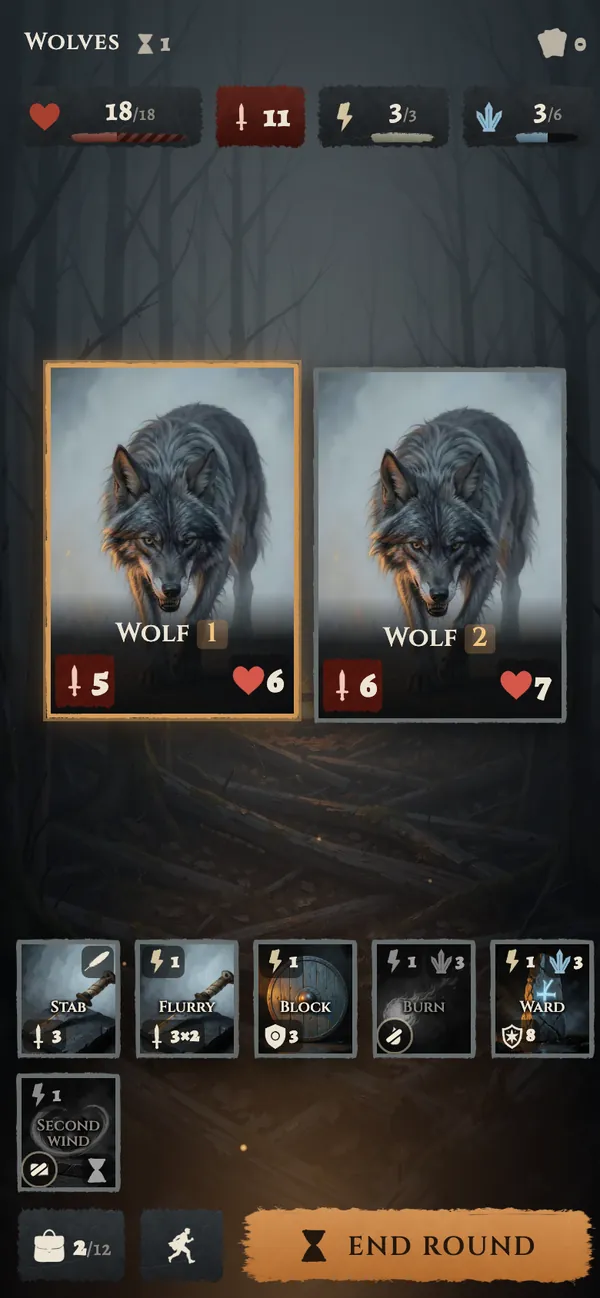 A fight against two wolves, with move cards along the bottom