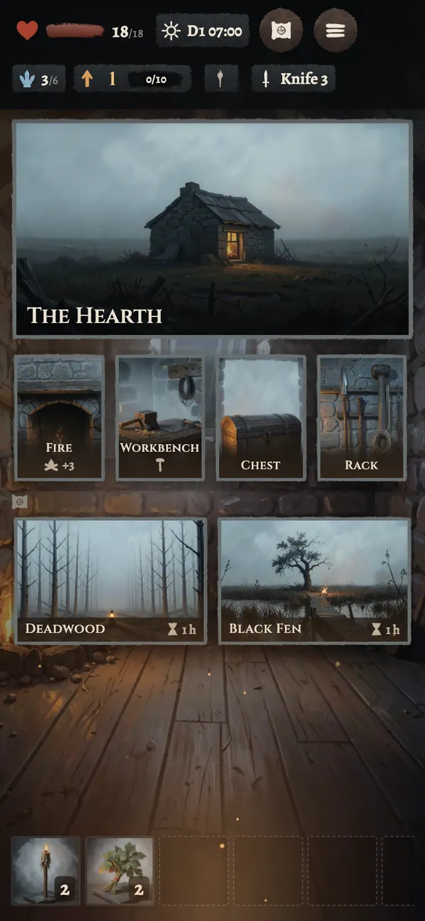 The Hearth: fire, workbench, chest and rack, with roads to Deadwood and the Black Fen