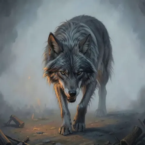 A grey wolf stalking out of the mist